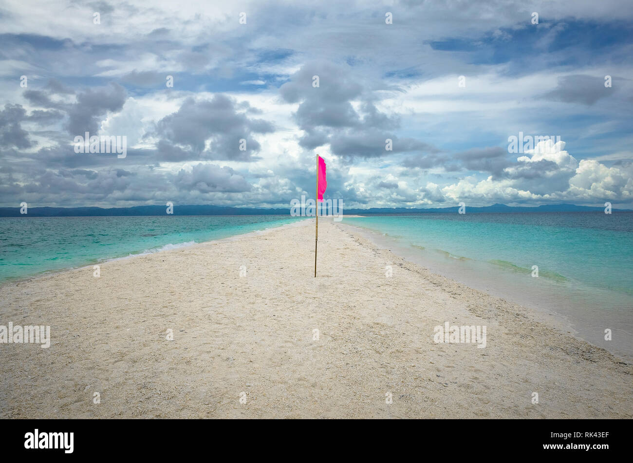 White Sand Bar & Pink Flag on Tropical Beach - Kalanggaman Island, Leyte - Philippines Stock Photo