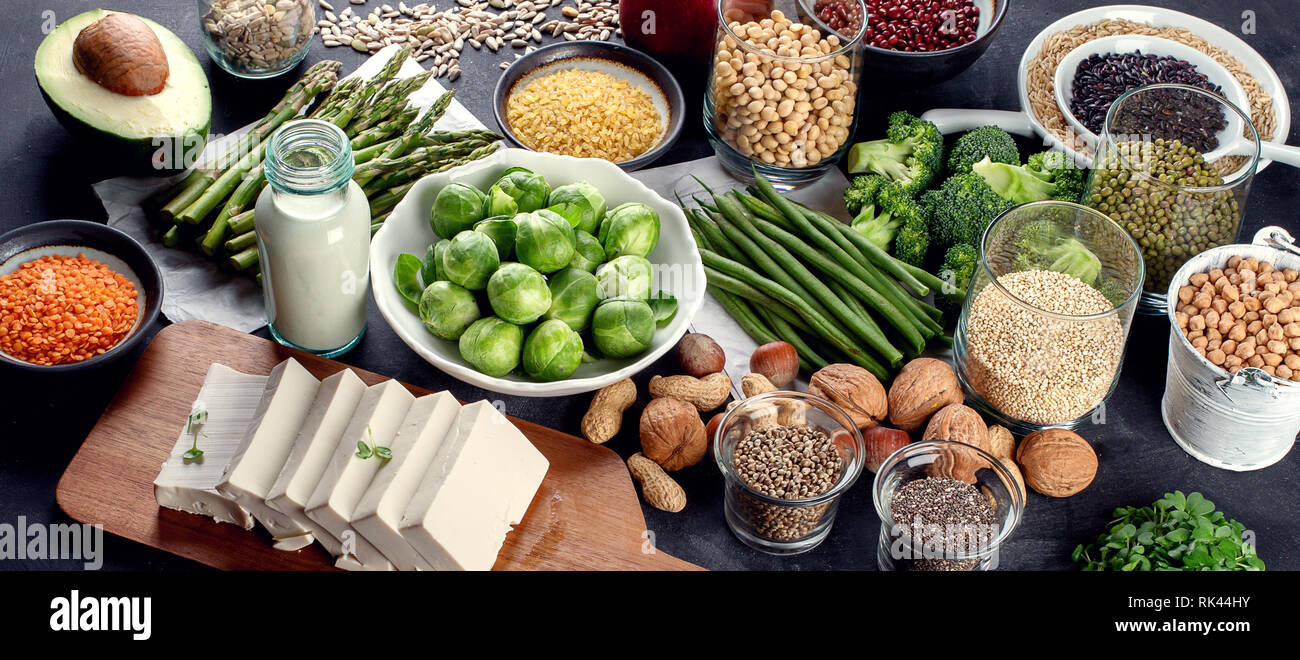 Vegan protein source. Healthy diet vegetarian food. Panorama, banner