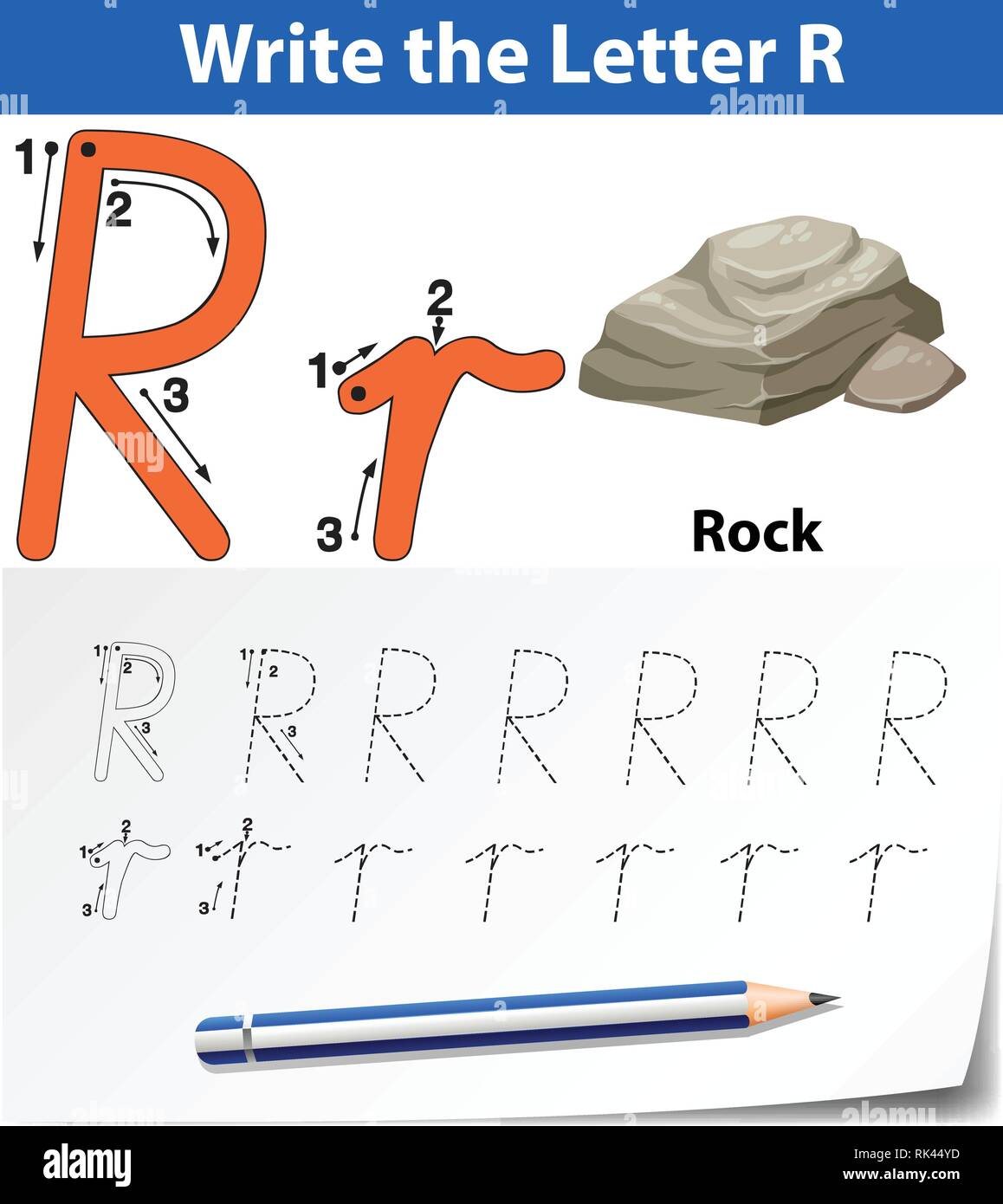 Letter R tracing alphabet worksheets illustration Stock Vector Image