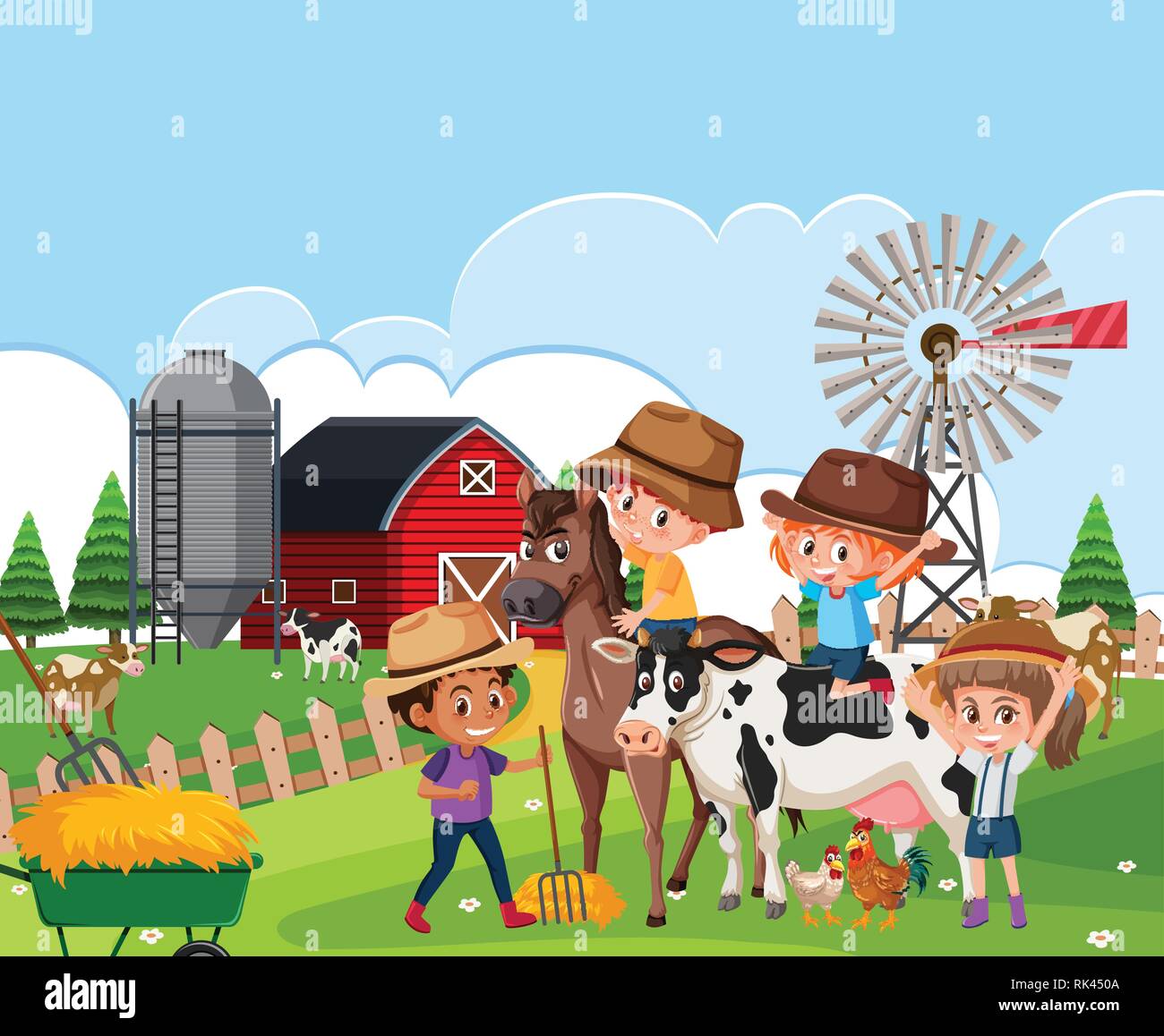 Children at farm landscape illustration Stock Vector Image & Art - Alamy