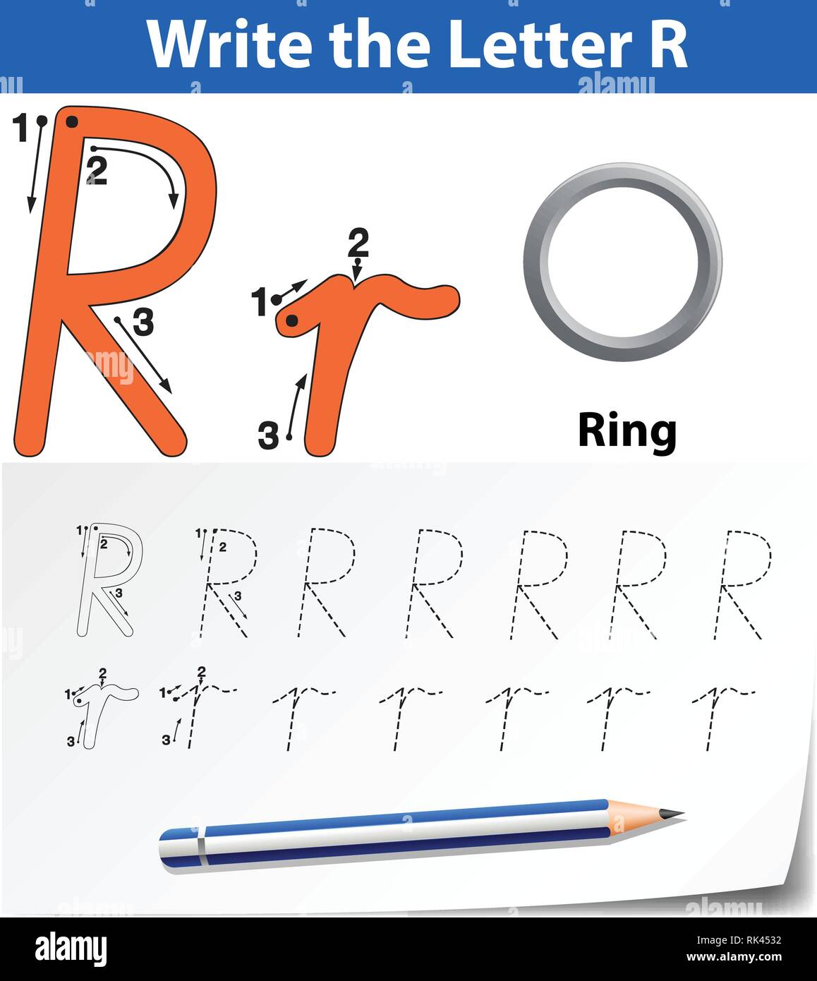 Letter R tracing alphabet worksheets illustration Stock Vector Image ...