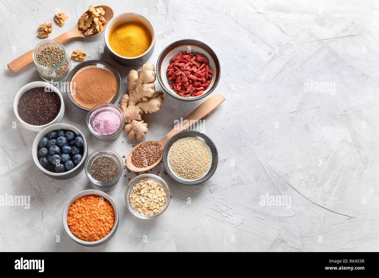 Various superfoods. Healthy food. Top view with copy space Stock Photo