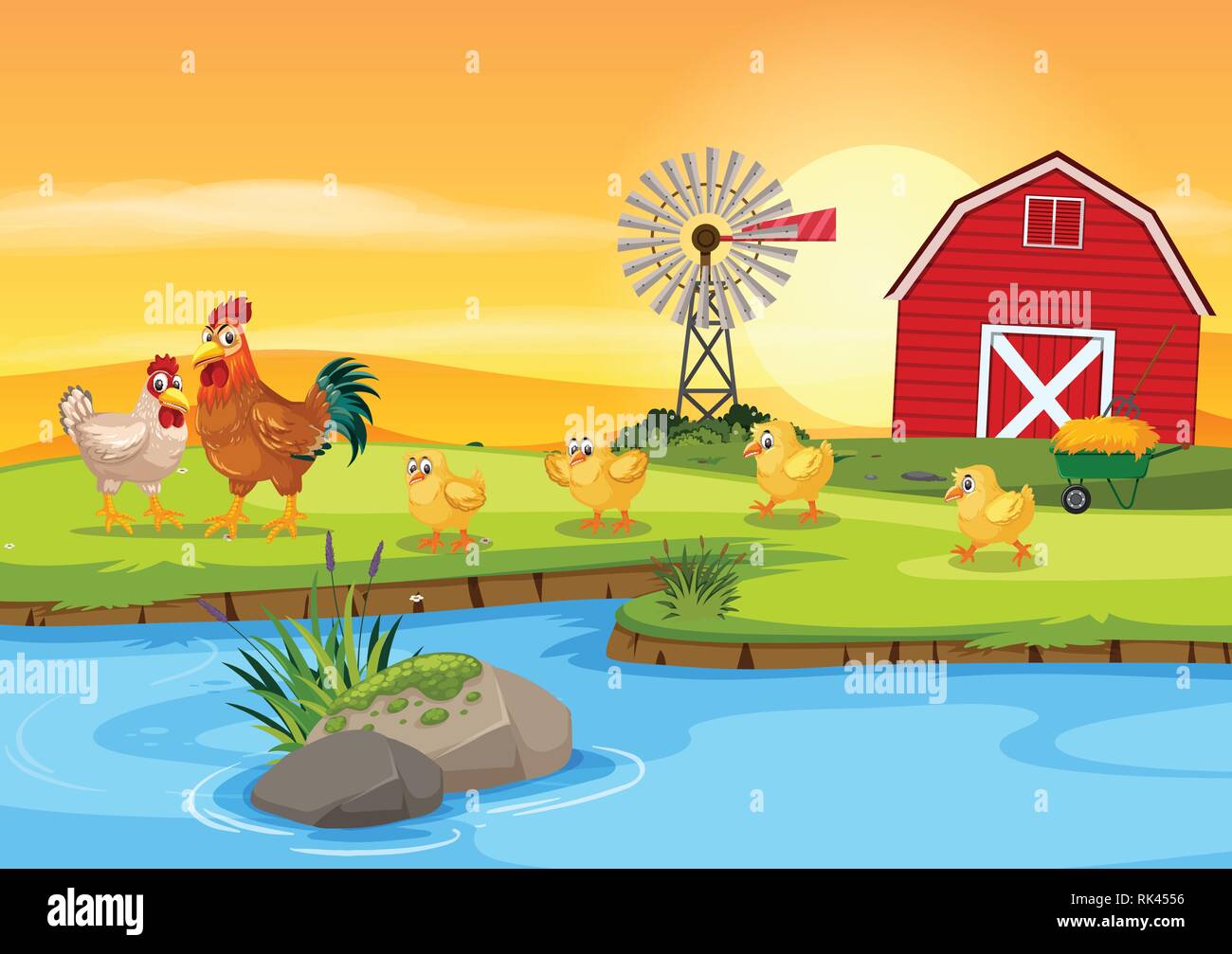 Chicken family at farm illustration Stock Vector