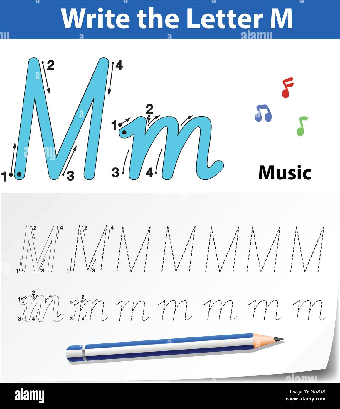 Letter M tracing alphabet worksheets illustration Stock Vector