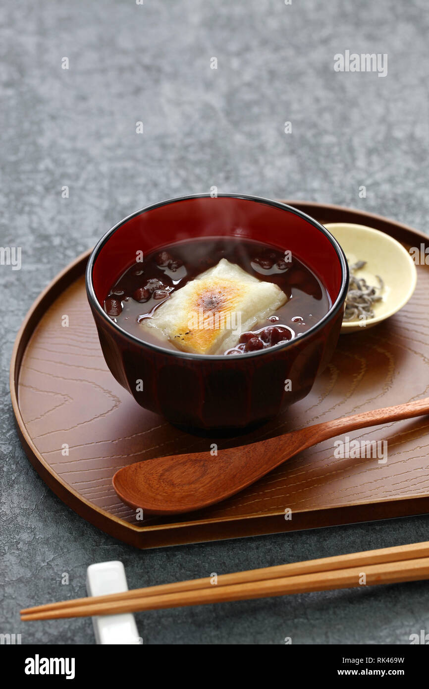 oshiruko, sweet red bean soup with grilled mochi (rice cake), japanese traditional dessert Stock