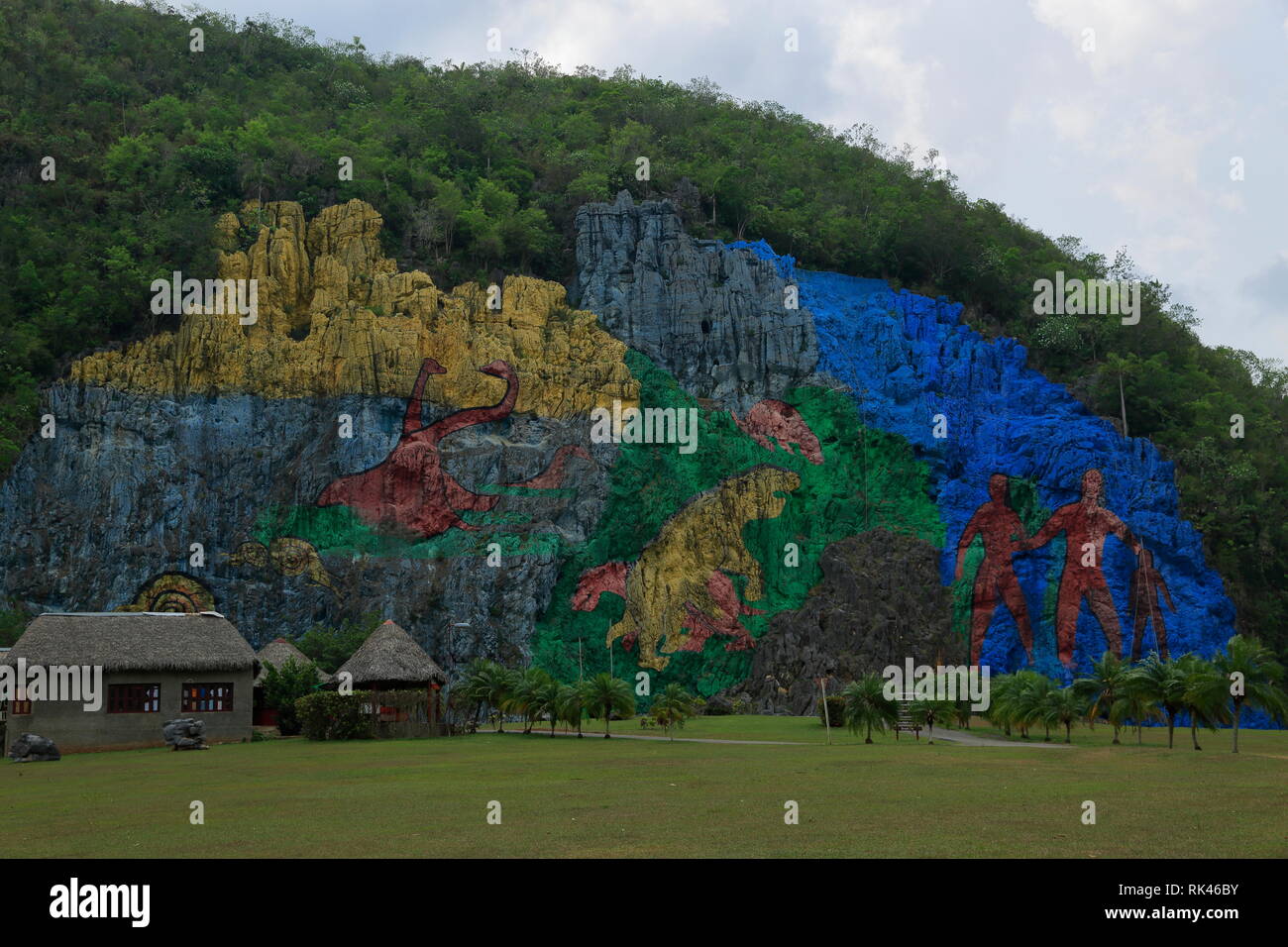 Mural de la Prehistoria, Vinales, Cuba - Prehistoric wall painting of the Vinales Valley. It is a representation of biological evolution. Stock Photo