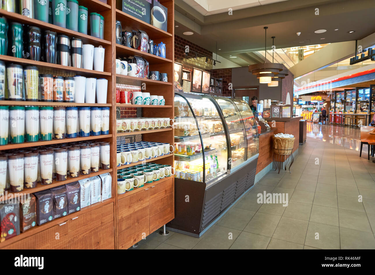 DUBAI, UAE APRIL 08, 2016 Starbucks cafe in Dubai International Airport. Dubai International