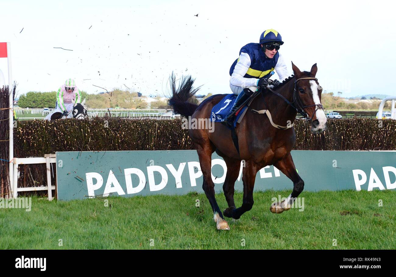 Pravalaguna and Paul Townend jump the last to win the BBA Ireland Opera Hat Mares Steeplechase during BBA Ireland Opera Hat Mares Chase Day at Naas Racecourse. Stock Photo