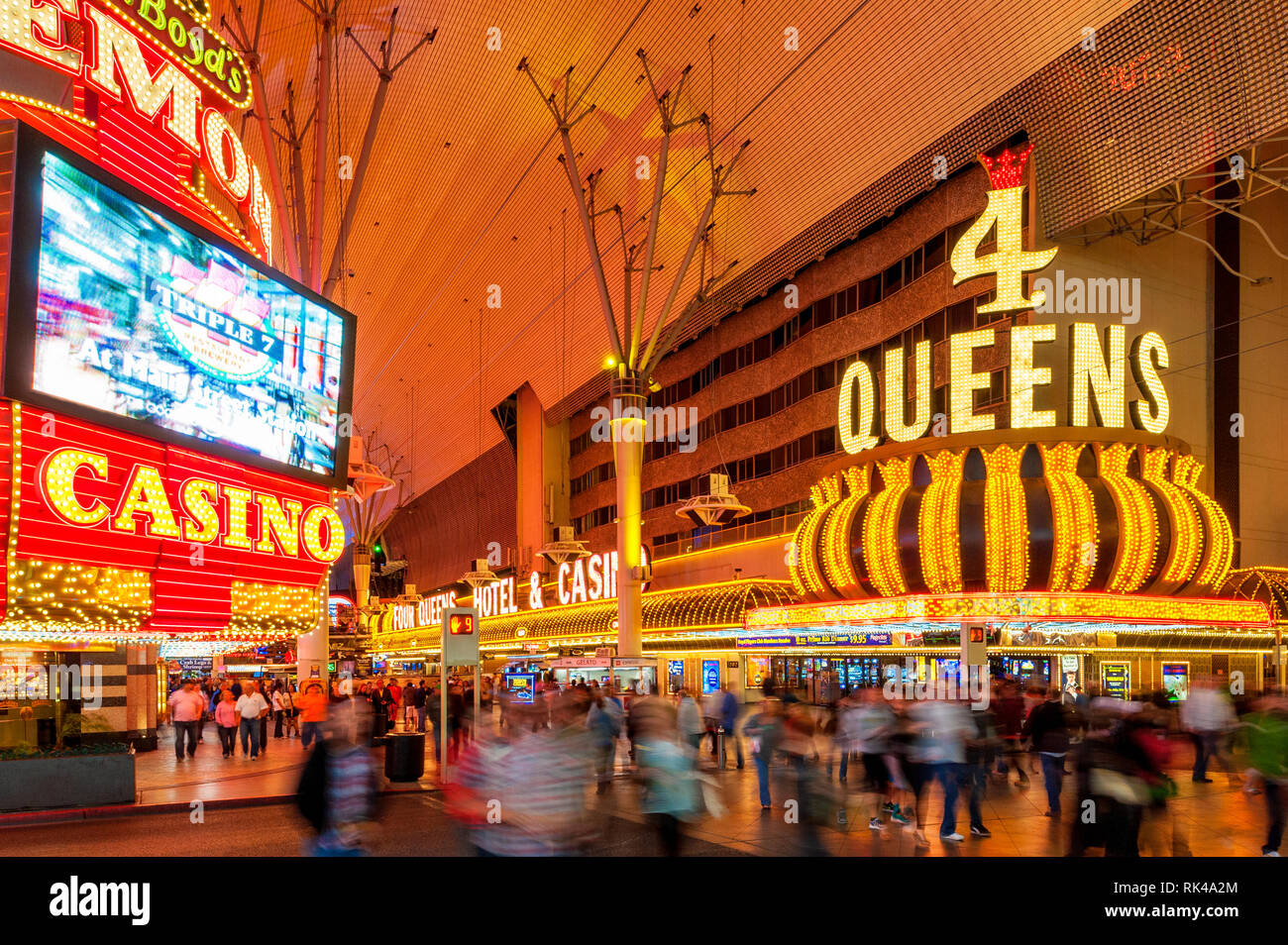 4 Queens Hotel and Casino at Fremont Street in Las Vegas, Nevada, USA at night. 4 Queens opened in 1966. Stock Photo