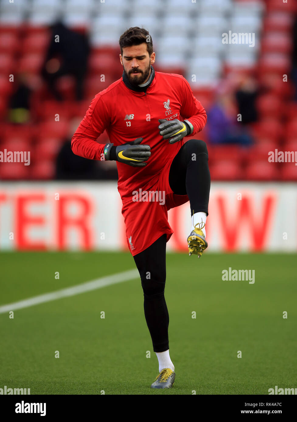Liverpool goalkeeper Alisson Becker warms up before the ...