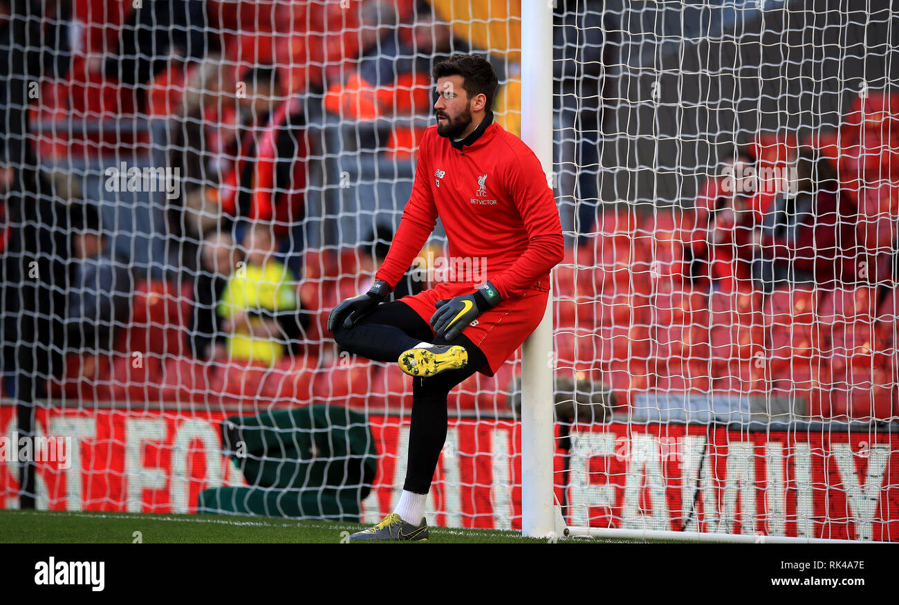 Liverpool goalkeeper Alisson Becker warms up before the Premier League ...