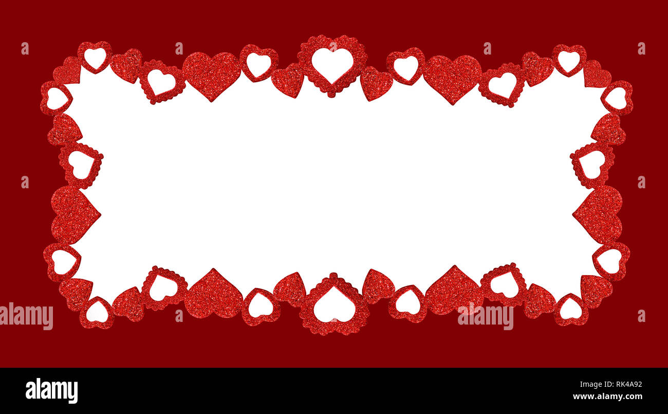 Frame with glitter hearts on white and red background Stock Photo - Alamy