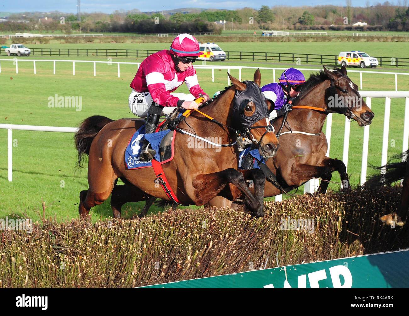 Roaring Bull and Jack Kennedy jump the last to win the O'Driscoll O'Neil Handicap Steeplechase during BBA Ireland Opera Hat Mares Chase Day at Naas Racecourse. Stock Photo