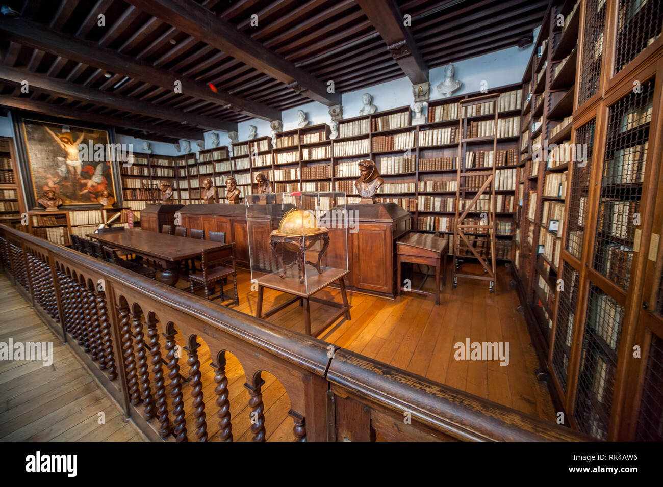 Antwerp, Belgium- 7 may 2015: Old 16th century Plantin - Moretus printshop  in Antwerp - Library with old prints of Plantin workshop Stock Photo