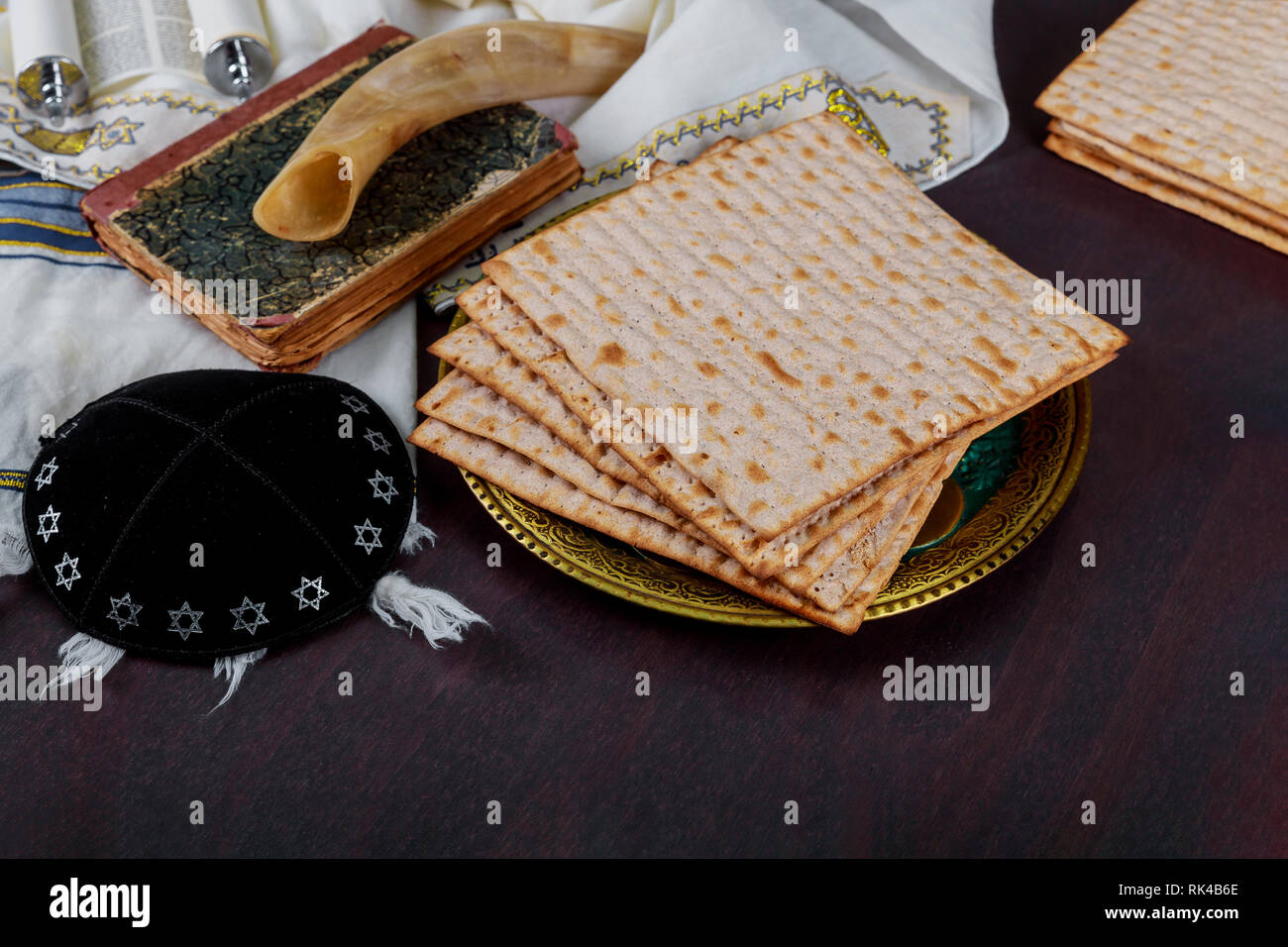Table ready for traditional seder plate ritual the Jewish holiday of