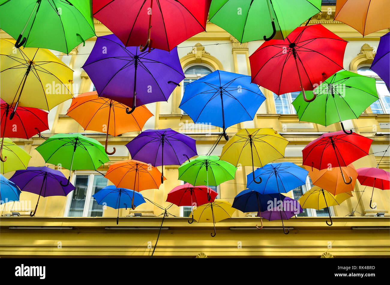 Street decoration, lots of colorful umbrellas in the air, Belgrade, Serbia Stock Photo