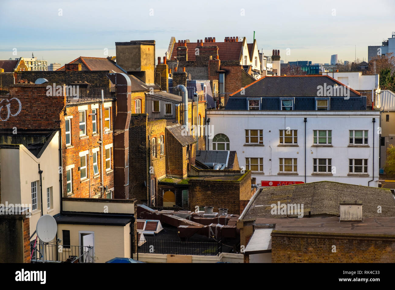 London, England / United Kingdom - 2019/01/29: Panoramic view of the Whitechapel district of East London with fusion of traditional and modernistic ar Stock Photo