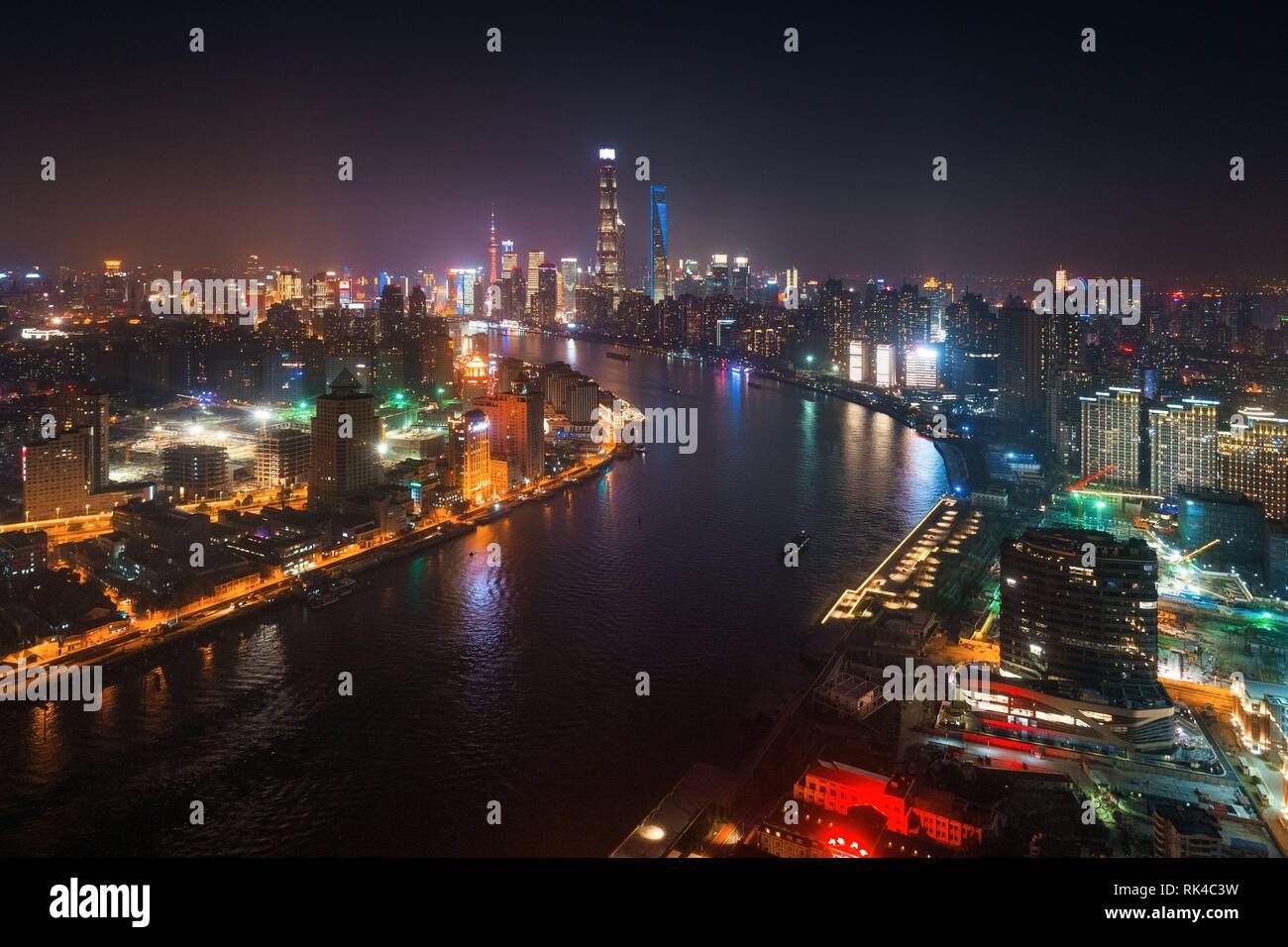 Shanghai Huangpu River night view with city skyline in China Stock ...