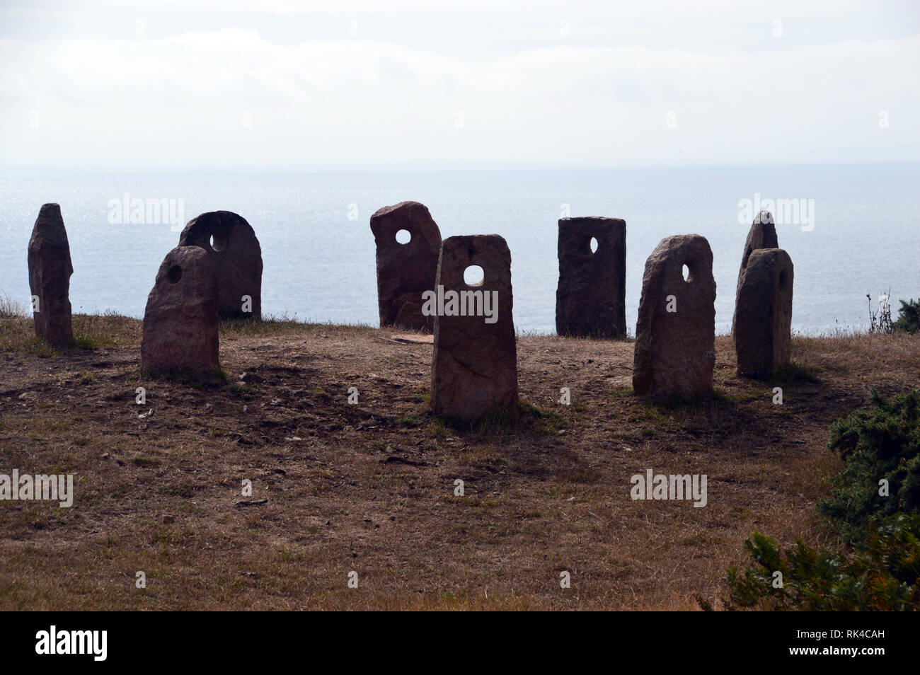 Sark Henge a Small Stone Circle of Nine Ancient Holed Gate Posts Erected in 2015 by Richard Axton, an archaeologist and historian. Stock Photo