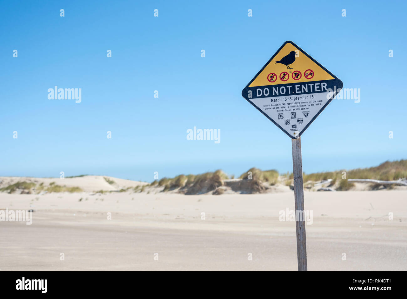 Snowy Plover nesting area beach closure sign near the Siltcoos River, Oregon Dunes National Recreation Area, Oregon Coast. Stock Photo