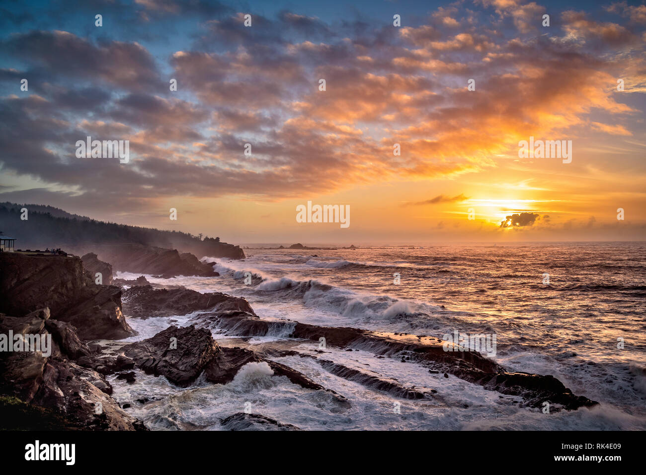 Sunset and storm surf at Shore Acres State Park on the southern Oregon coast. Stock Photo
