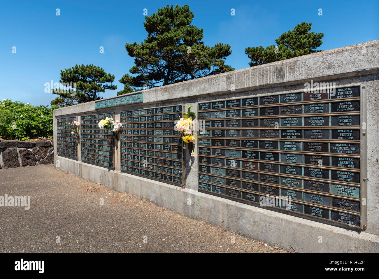 Memorial Wall on the waterfront at Depoe Bay, Oregon Coast. Stock Photo