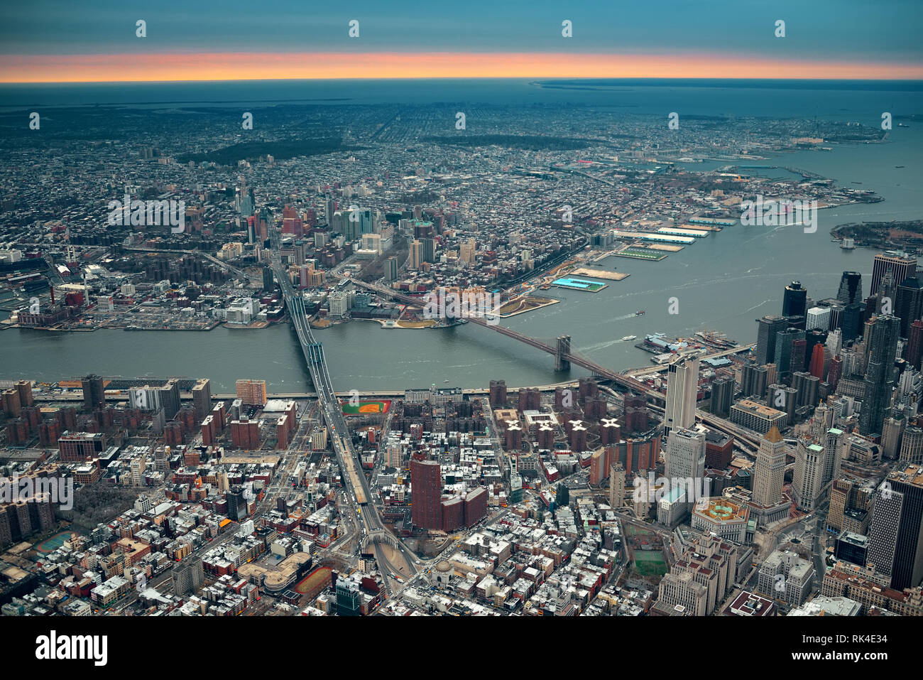 New York City Manhattan aerial view with east river and bridges Stock ...