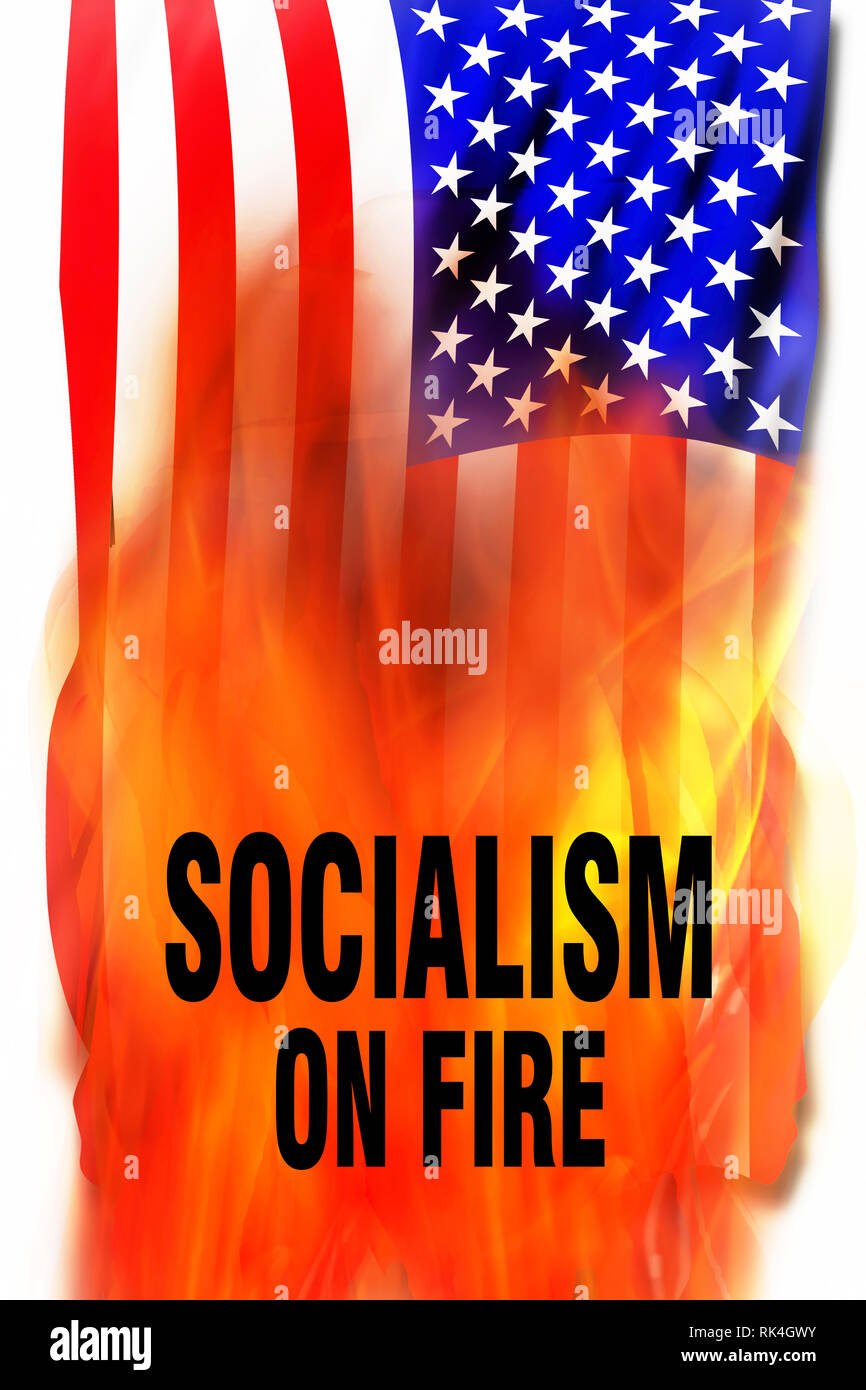 Socialism on fire with the American flag. Stock Photo