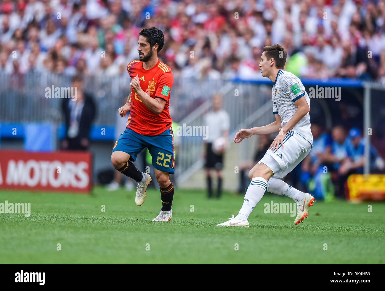 Moscow, Russia - July 1, 2018. Spain national football team midfielder Isco and Russia midfielder Daler Kuzyaev during FIFA World Cup 2018 Round of 16 Stock Photo