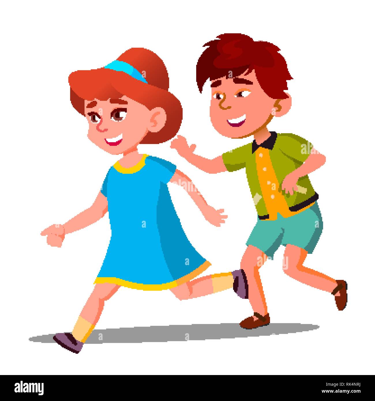 Little Boy And Girl Playing CatchUp Vector. Isolated Illustration