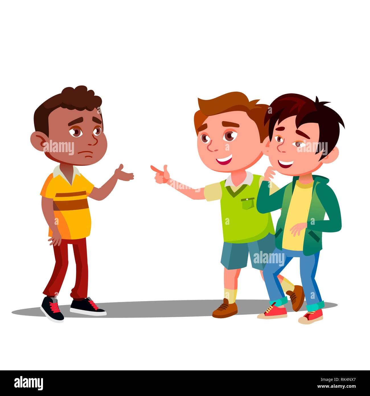 Child Racism, Two White Boys Laughing At Afro American Kid Vector. Isolated Illustration Stock Vector