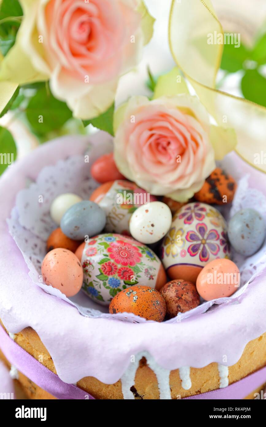 Easter cake with glace icing and easter eggs Stock Photo