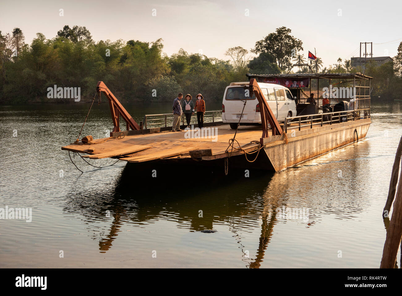 Cambodia, Koh Kong Province, Chi Phat village, Preak Piphot River ferry carrying minivan across river Stock Photo