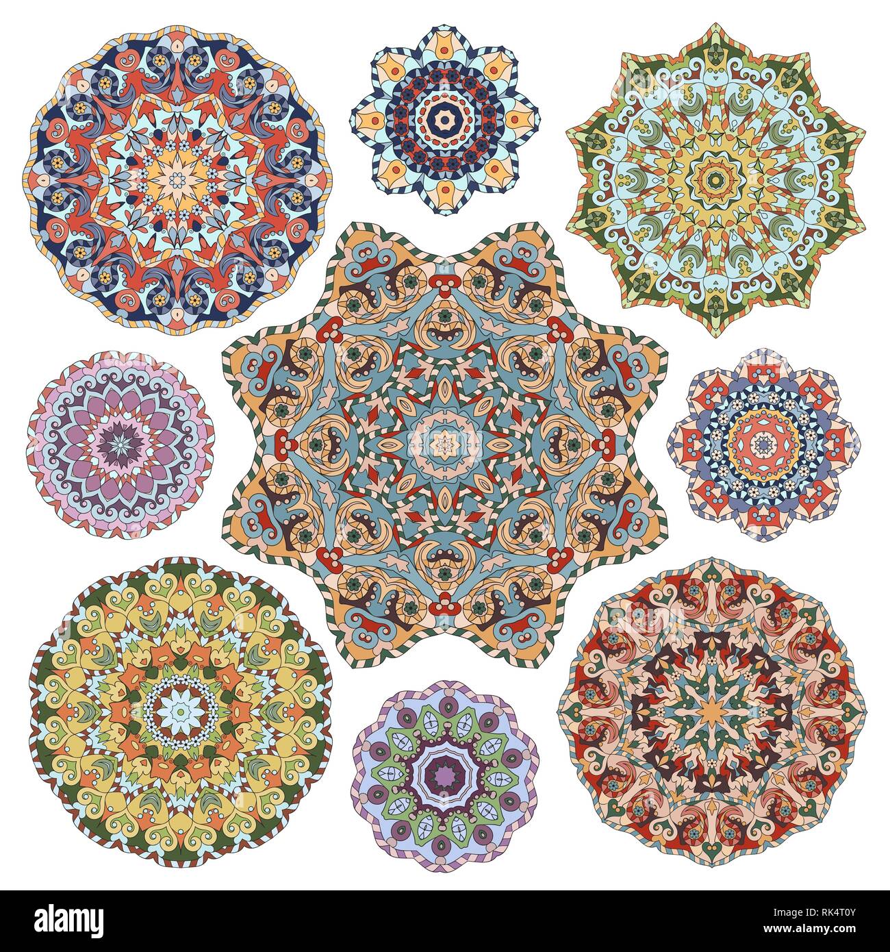 Set of nine abstract circular elements. Round colorful mandalas ...