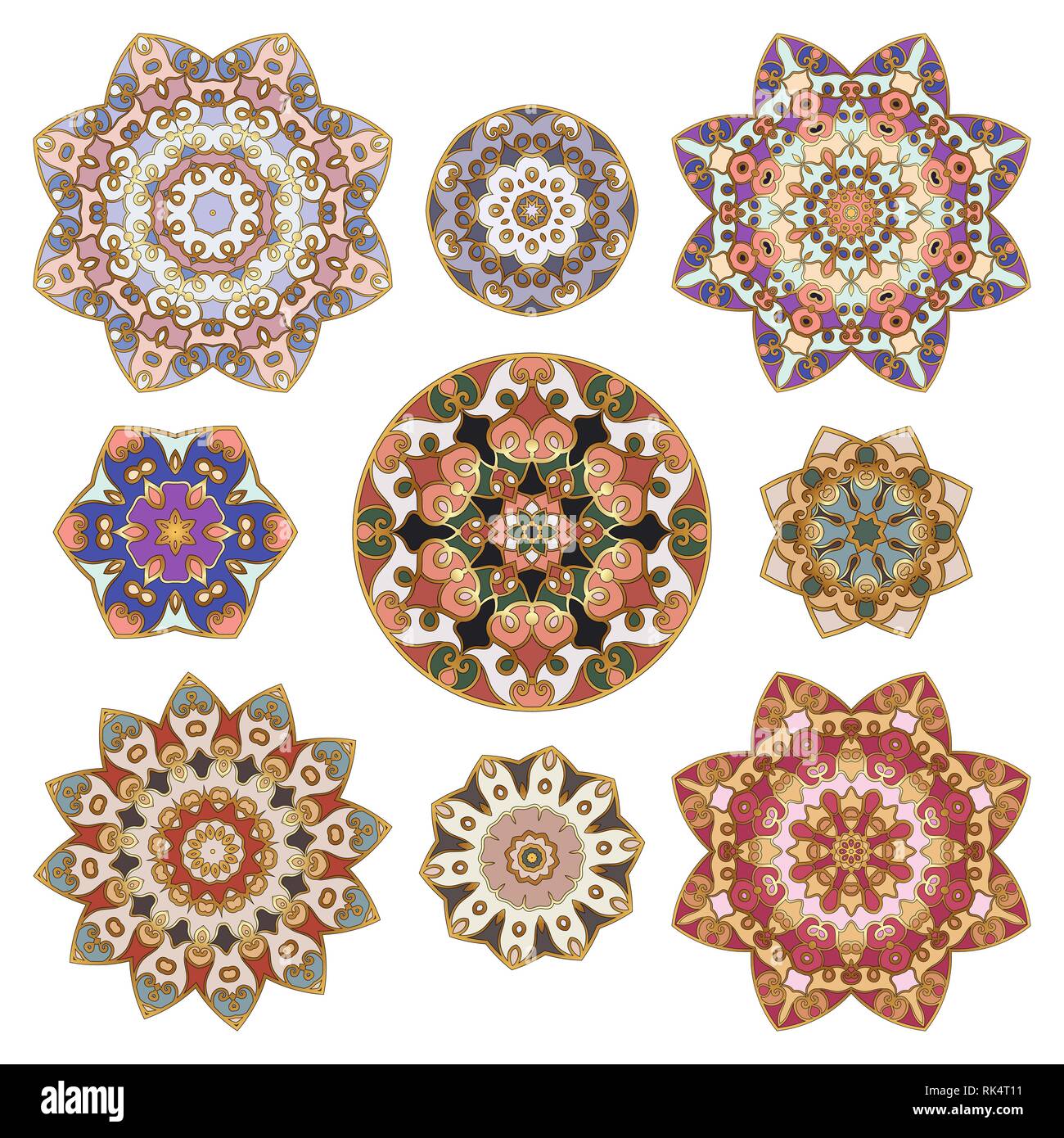 Set of nine abstract circular element. Round colorful mandalas. Graphic ...