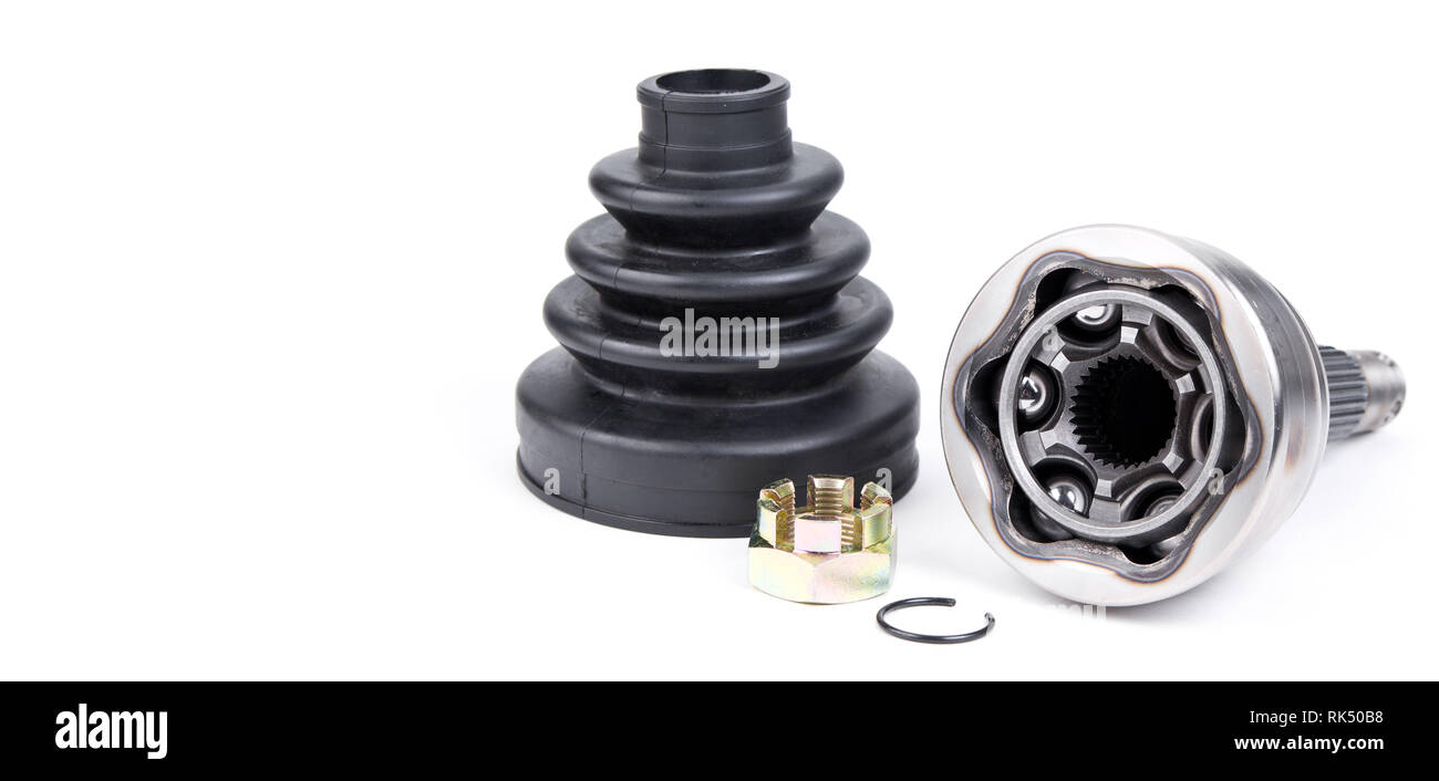 Constant velocity joint with boot and lock nut on white background.Auto