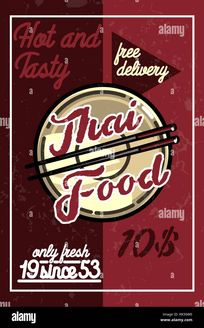 Color vintage thai food banner for asian food restaurant. Vector illustration. Stock Vector