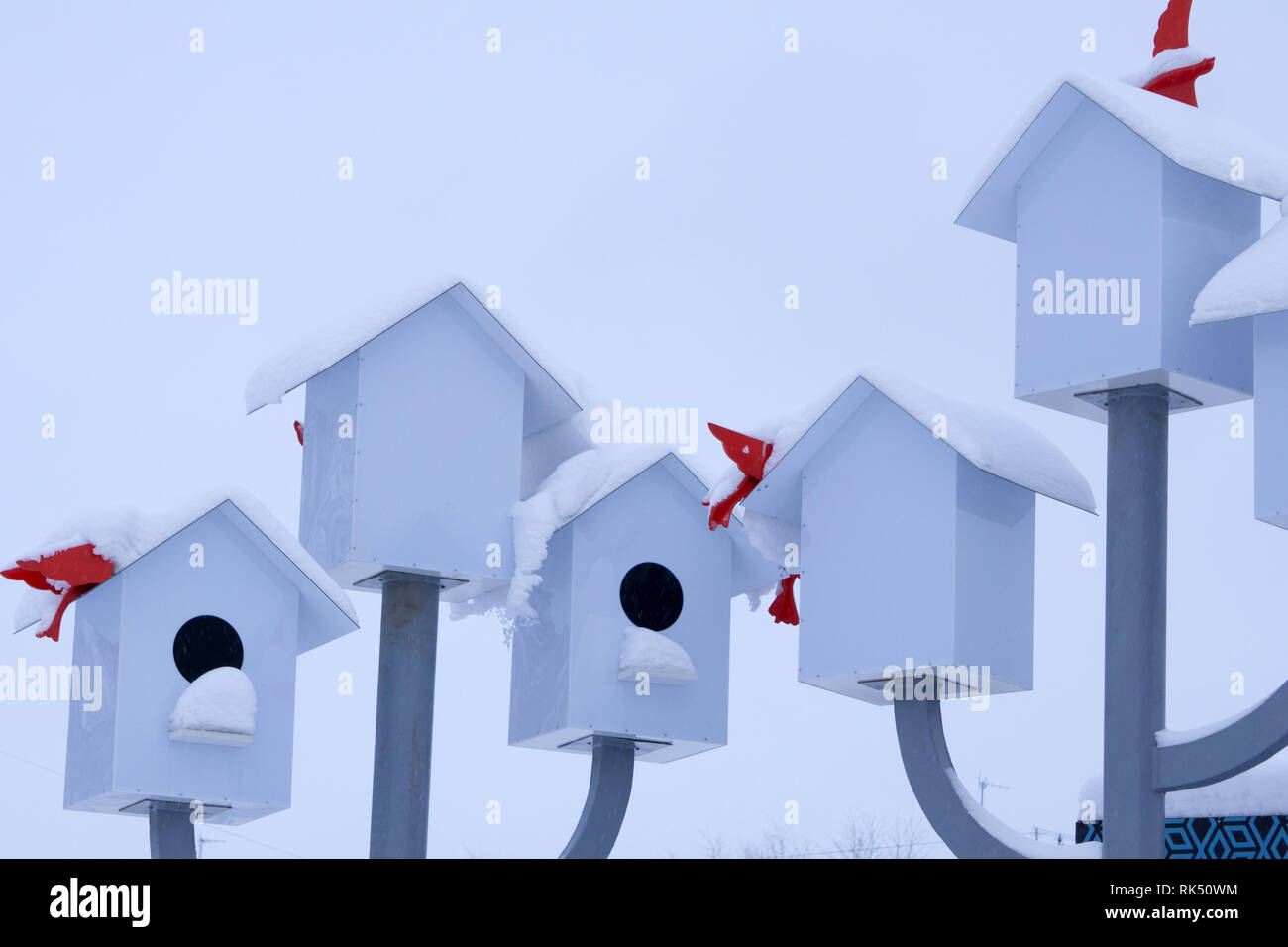 Wooden colorful birdhouses isolated on a white background. Life in the neighborhood. Nesting season. Stock Photo