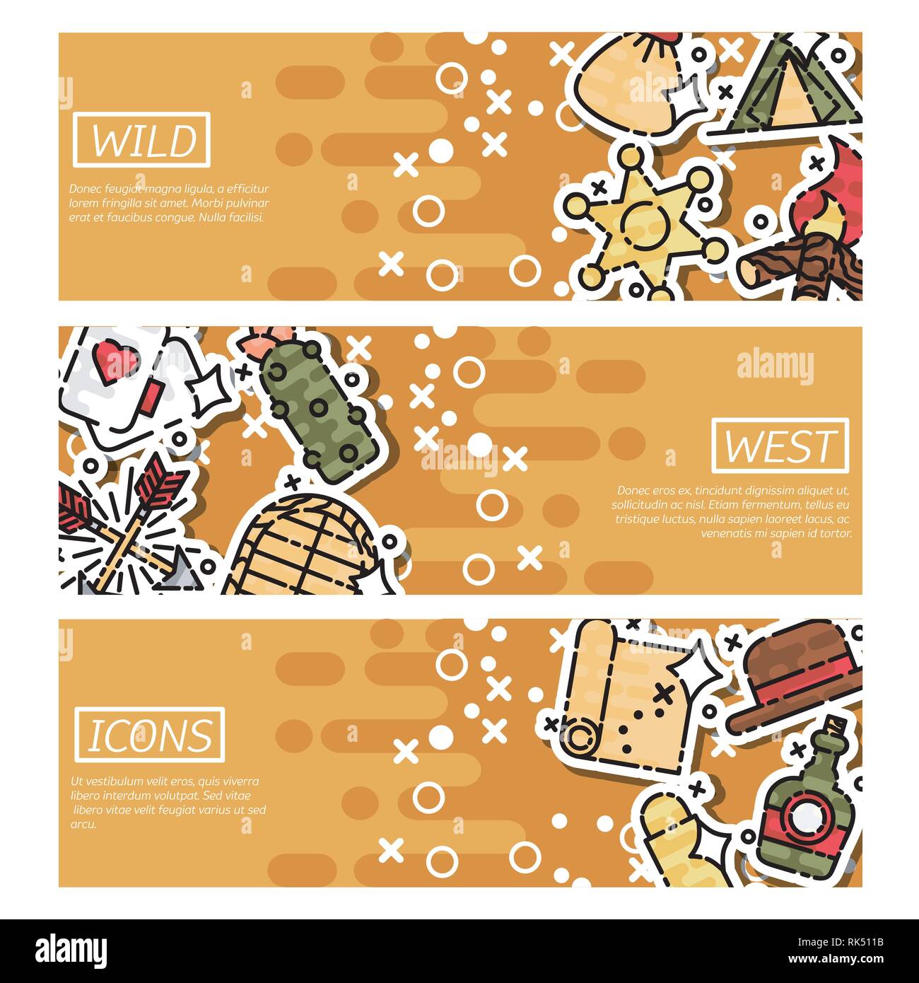 Set of Horizontal Banners about wild west. Vector illustration, EPS 10 Stock Vector