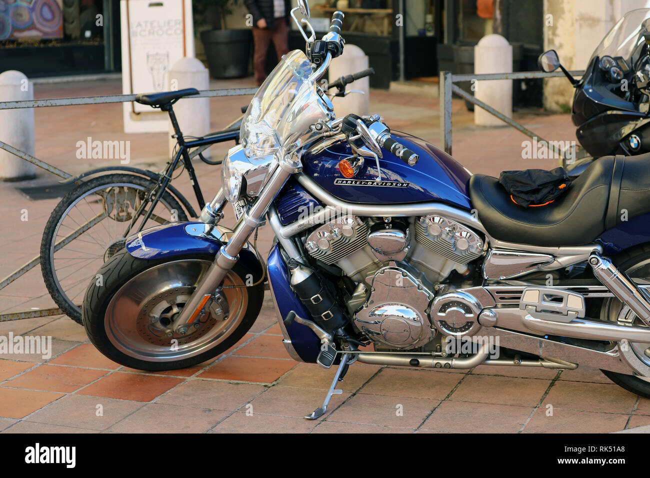 Nice, France - February 6, 2019: Modern And Beautiful Harley Davidson Motorbike Parked In The Street Of Old Nice, French Riviera, France, Europe Stock Photo
