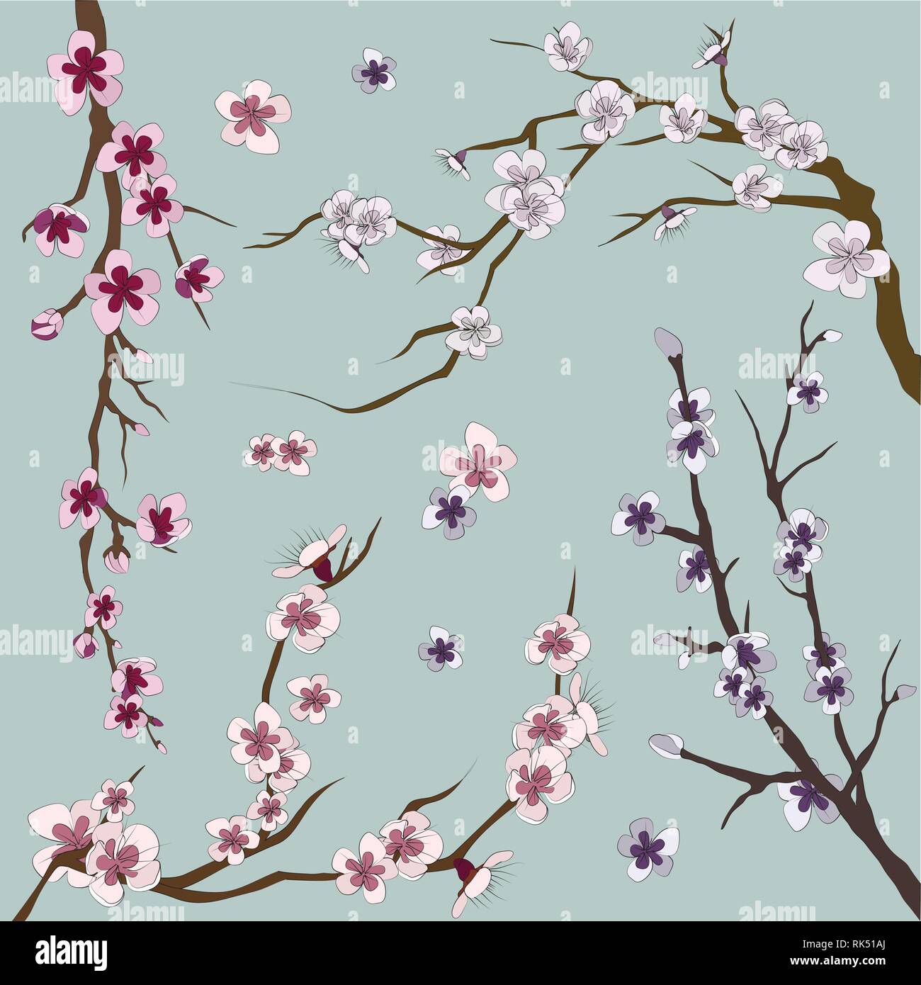 Set of realistic sakura japan cherry branch with blooming flowers ...