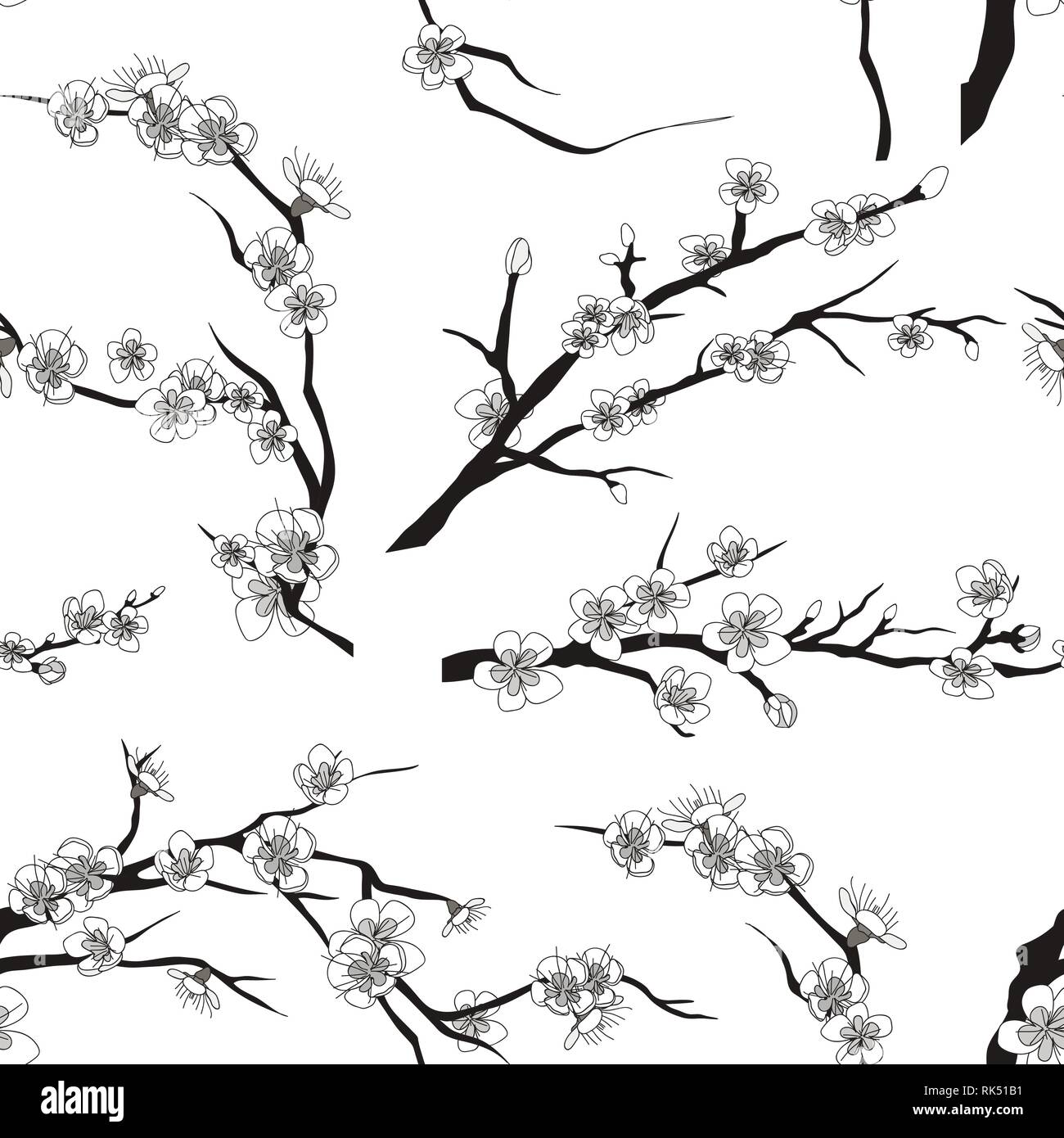 Set of realistic sakura japan cherry branch pattern with blooming ...