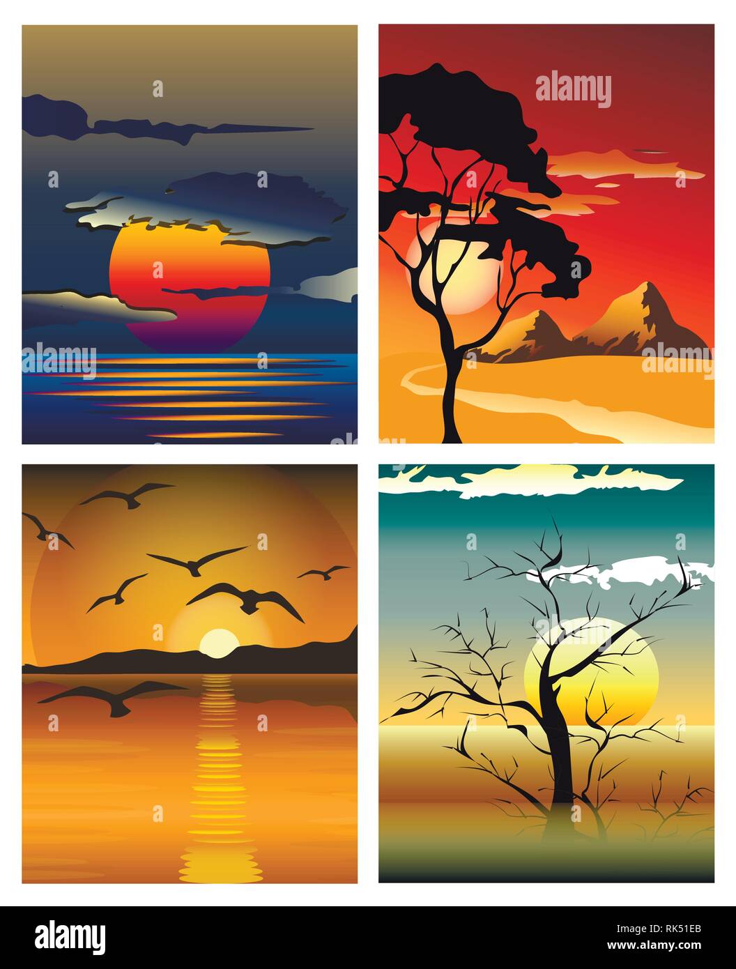 Bright yellow sunrise and sunset set. Vector illustration, EPS 10 Stock