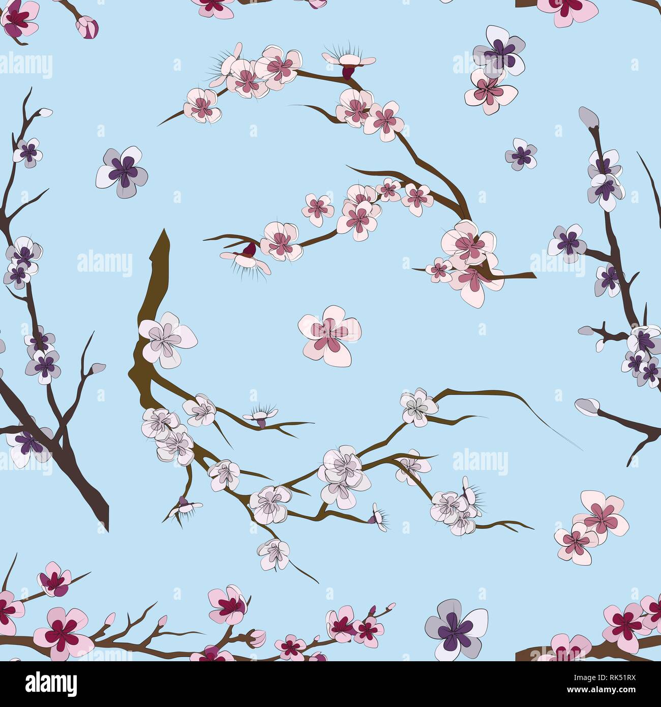 Set of realistic sakura japan cherry branch pattern with blooming ...