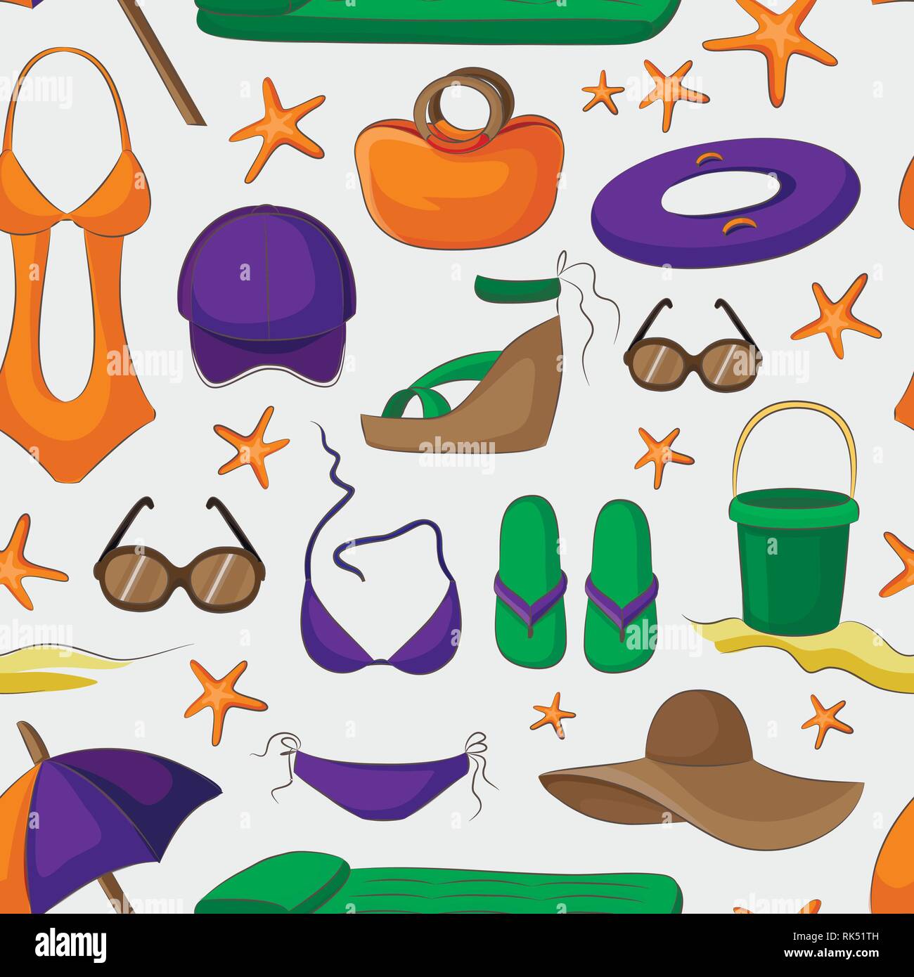 Summer and beach accessories pattern. Summertime lifestyle objects. Vector illustration, EPS 10 Stock Vector