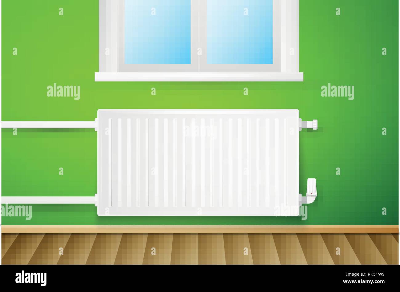 White realistic heating radiator on green wall with window Stock Vector