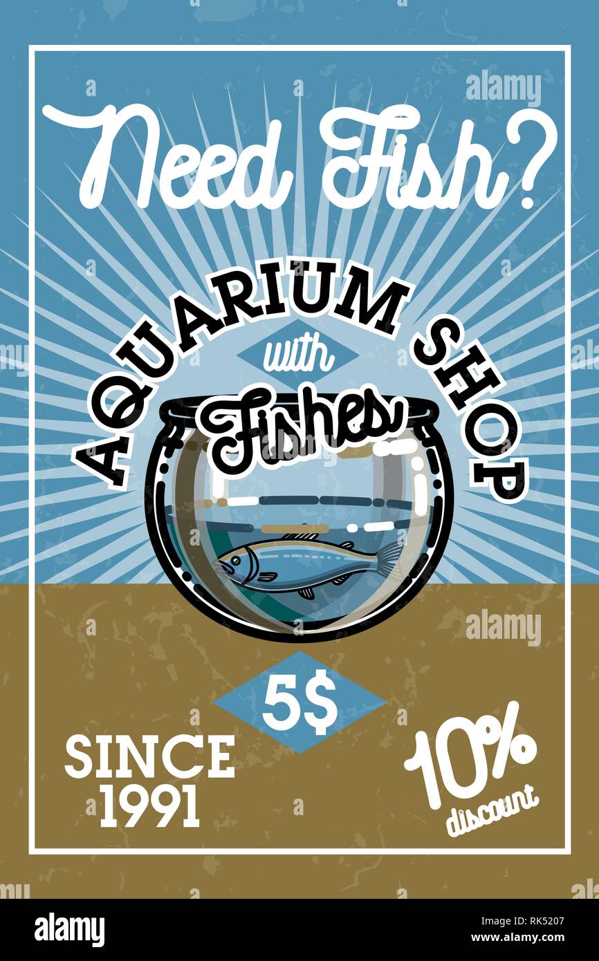 Color Vintage Aquarium Shop Banner Fish Concept Icons Vector