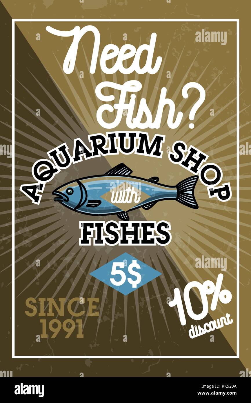 Color Vintage Aquarium Shop Banner Fish Concept Icons Vector