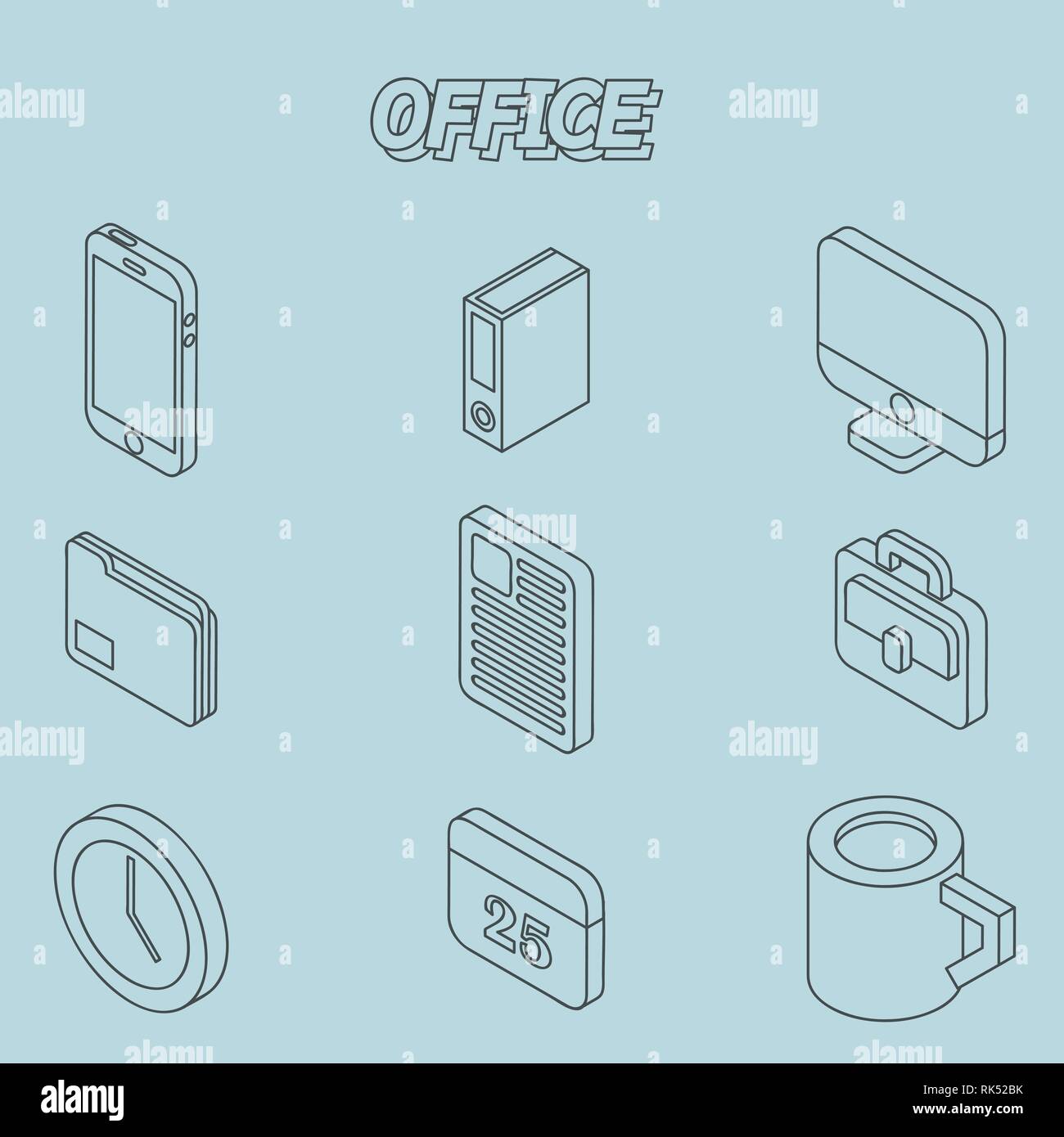 Office flat outline isometric set. Vector illustration, EPS 10 Stock Vector