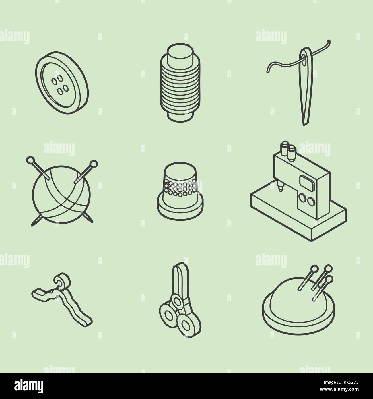 Sewing flat outline isometric icons. Vector illustration, EPS 10 Stock Vector